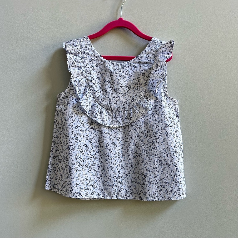 Jacadi Paris Bundle of 2 Blue And Floral Sleeveless Ruffled Tops, Size 8A - Picture 6 of 11